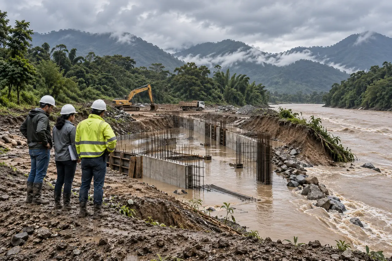 Obra de infraestrutura afetada por uma inundação