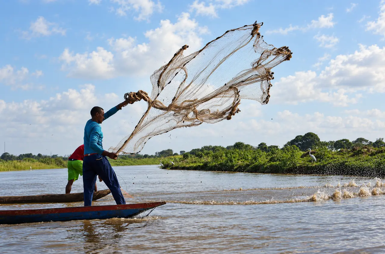 Pescador lançando uma tarrafa sobre um rio